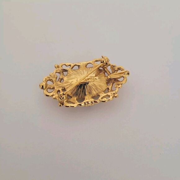 Monet Gold Tone Victorian Retro Style Blue Glass Clear Crystal Brooch Pin 1,5" - Picture 2 of 7